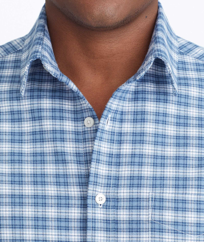 Model wearing a Blue Wrinkle-Free Performance Flannel Dhais Shirt