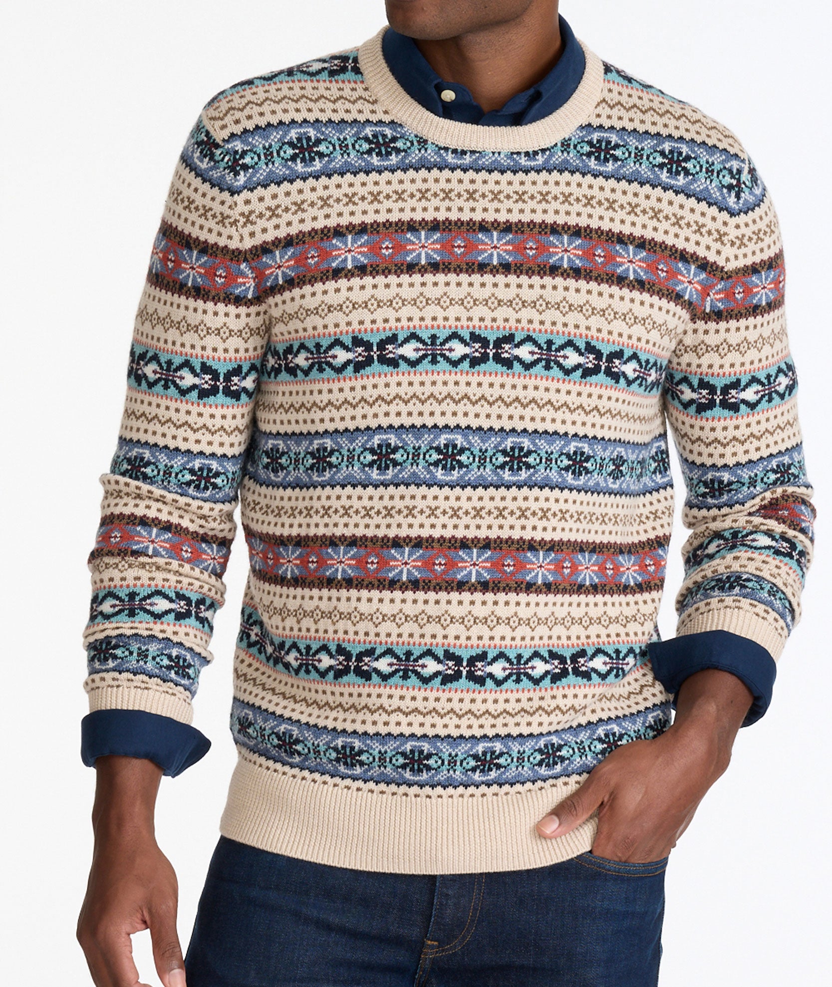 Men's Dolomite Cashmere Herringbone Sweater in Tonal Camel XL