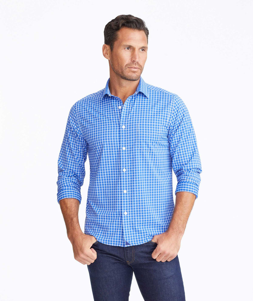 Model wearing a Blue Wrinkle-Free Performance+ Kiepersol Shirt