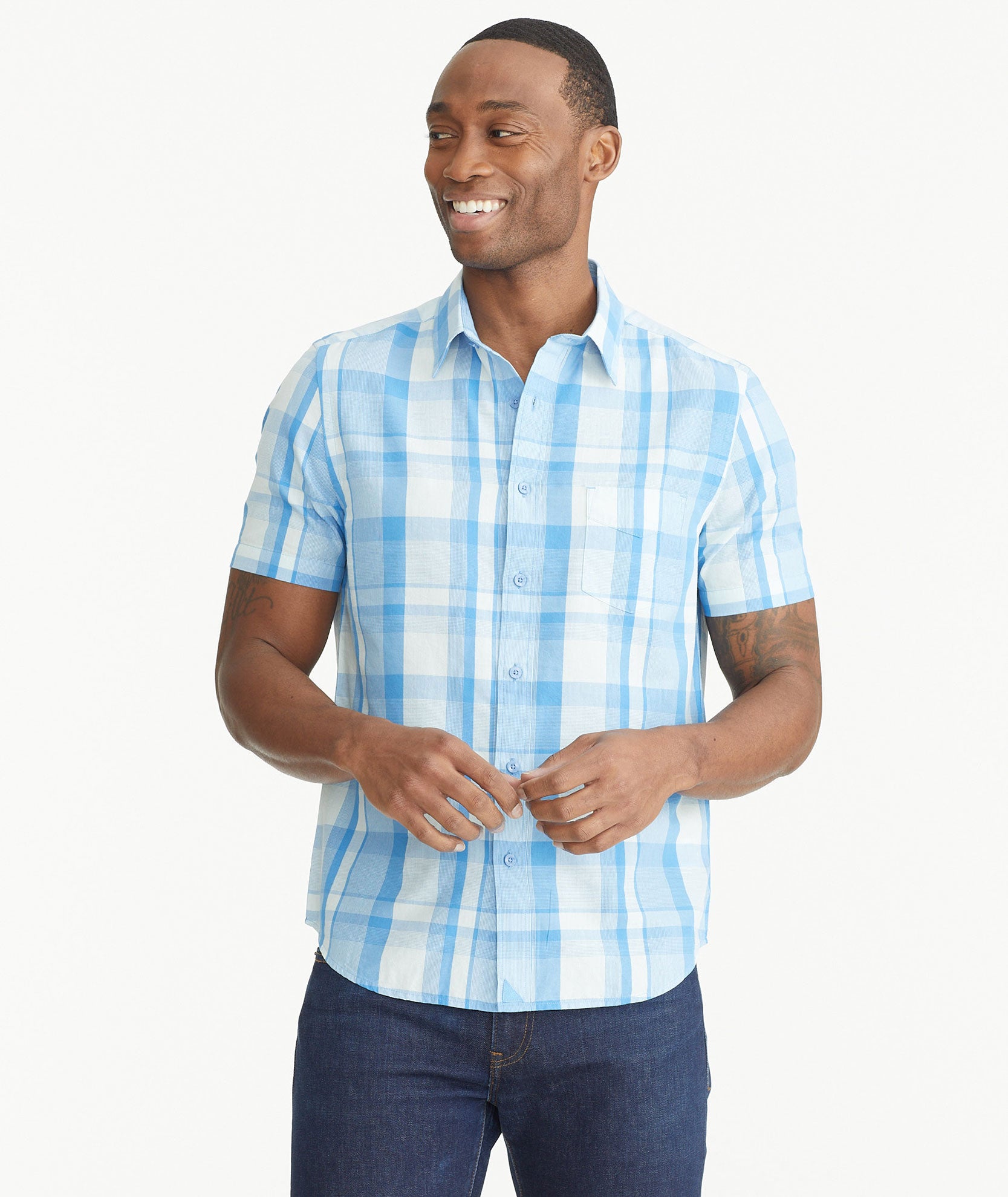 Cotton Short-Sleeve Plaid Shirt Fair Trade Certified™ | Large Blue