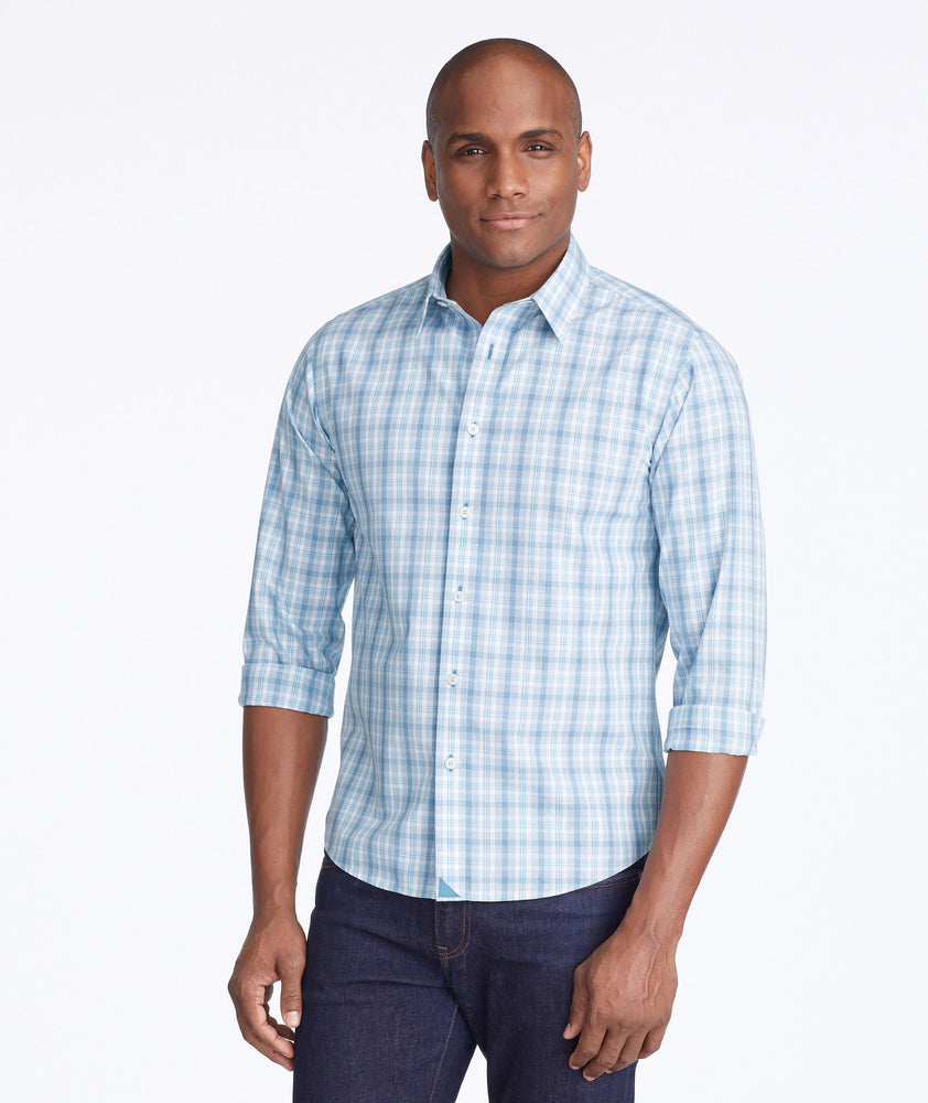 Model wearing a Mid Blue Wrinkle-Free Mantanzas Shirt