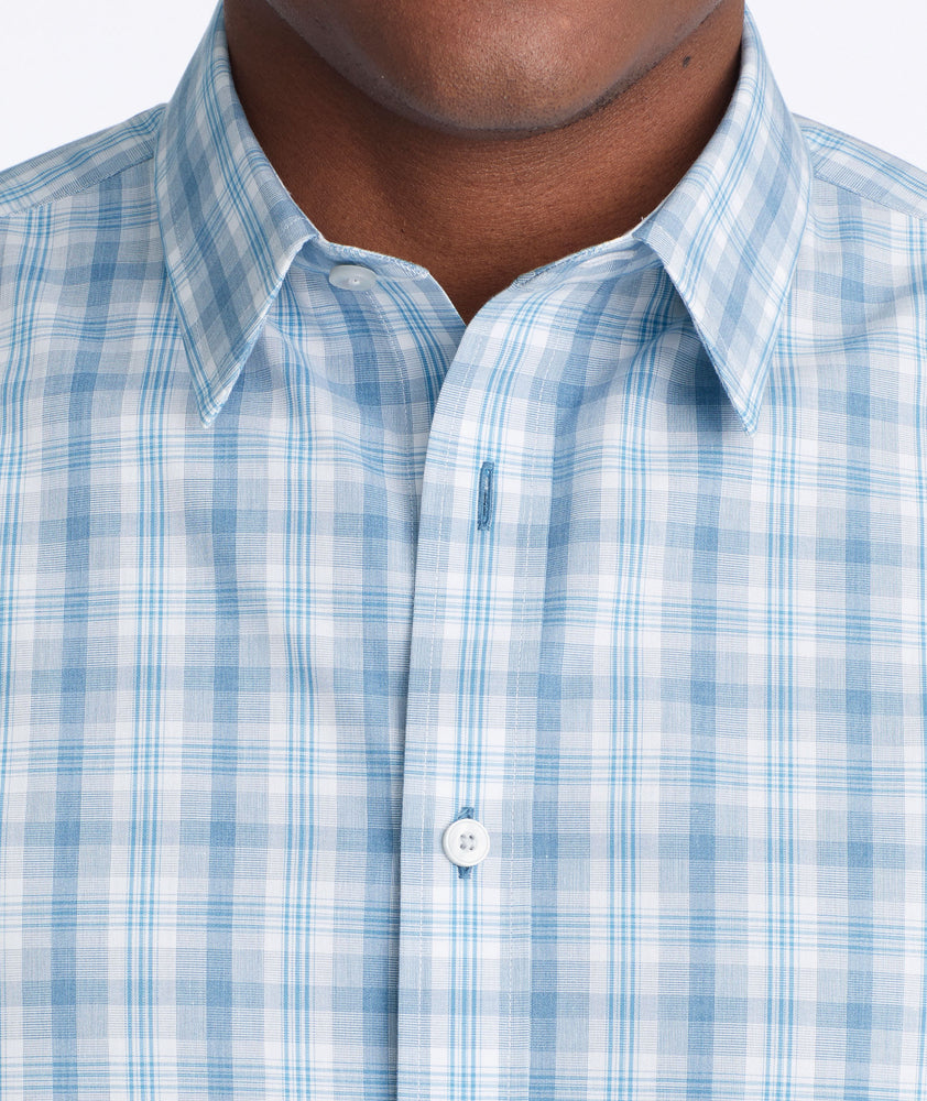 Model wearing a Mid Blue Wrinkle-Free Mantanzas Shirt