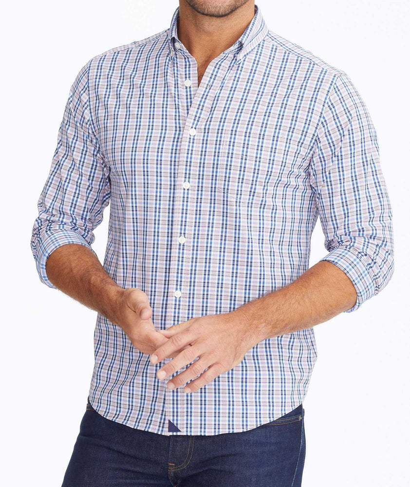 Model wearing a Blue Wrinkle-Free Performance+ Nathanson Shirt