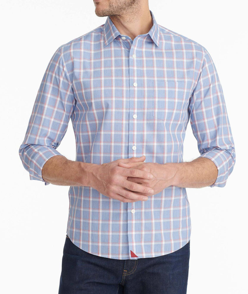 Model wearing a Blue Wrinkle-Free Potomac Shirt - FINAL SALE