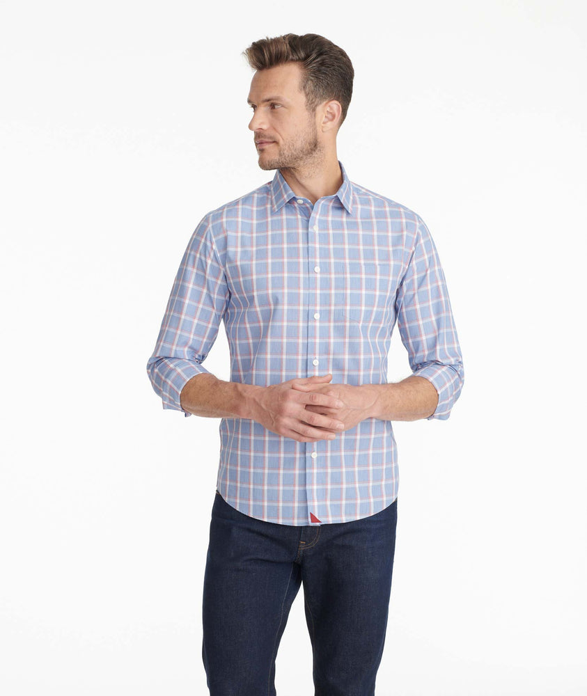 Model wearing a Blue Wrinkle-Free Potomac Shirt - FINAL SALE