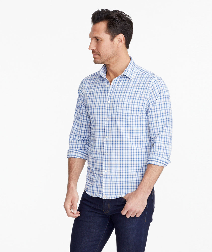 Wrinkle-Free Performance Sardinia Shirt Navy With White & Tan Check ...