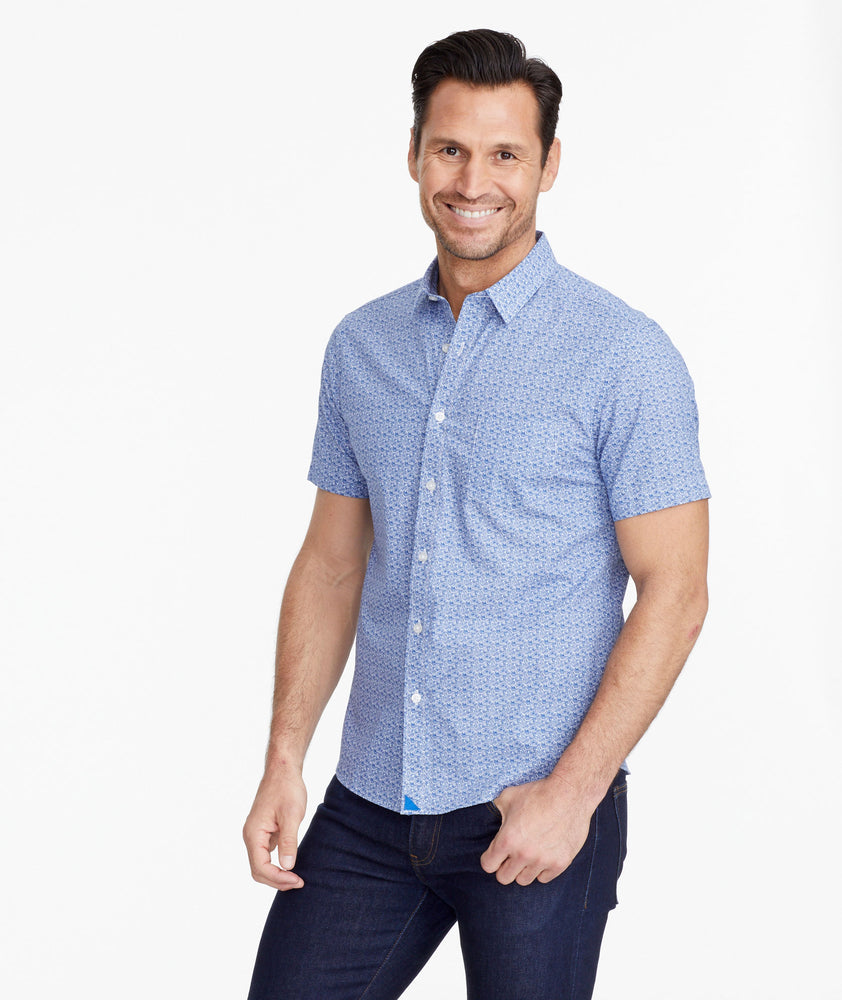 Model wearing a Blue Classic Cotton Short-Sleeve Tavira Shirt