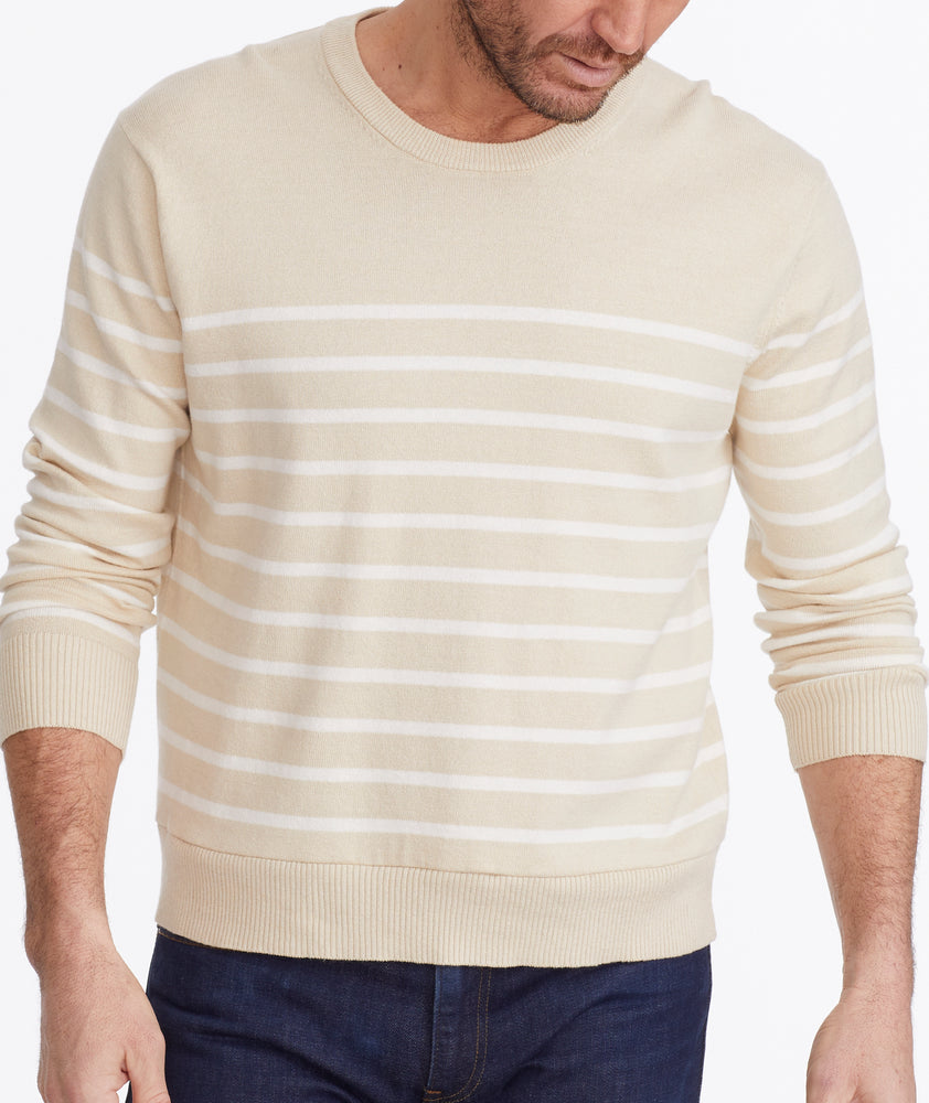 Model wearing a Tan Striped Crewneck Sweater