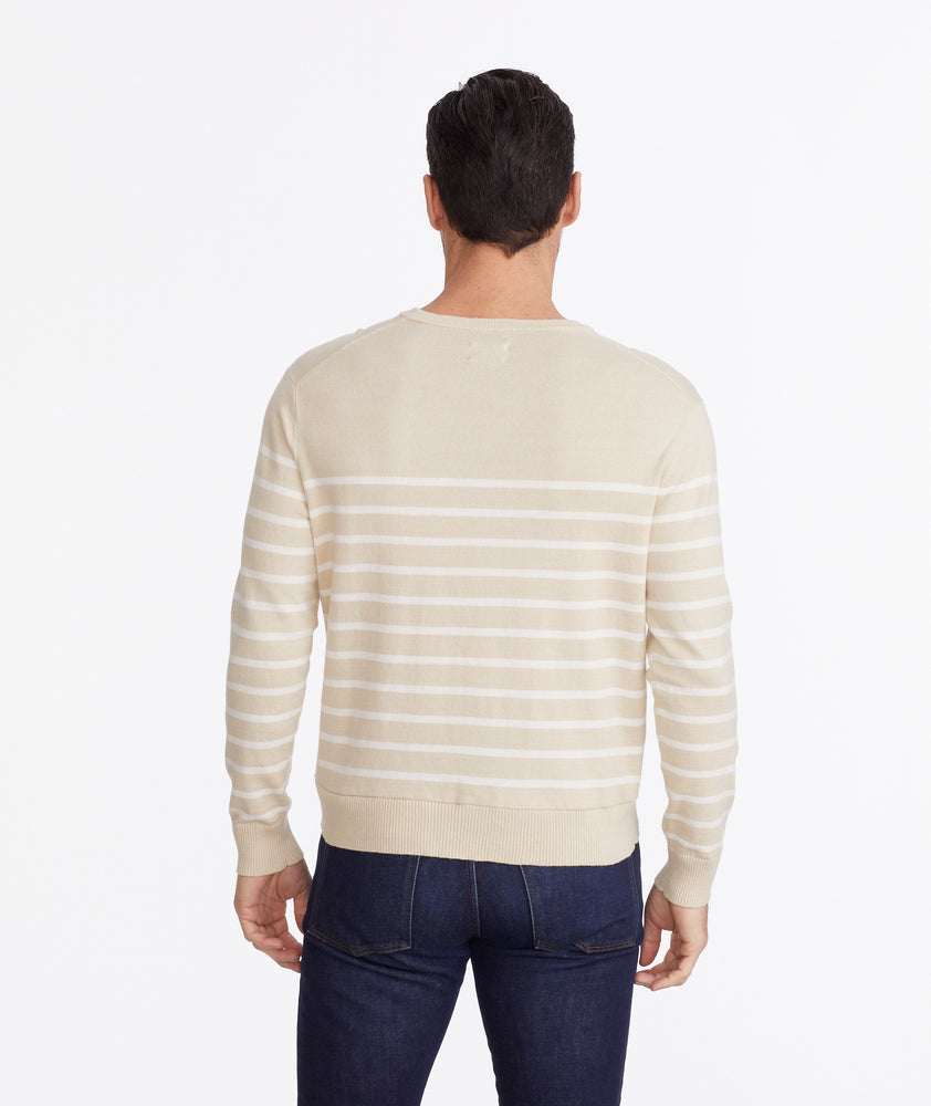 Model wearing a Tan Striped Crewneck Sweater